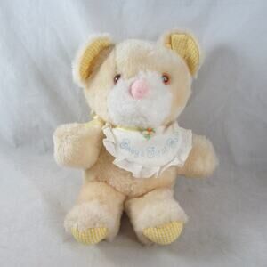Plush Teddy Bear Babys First Bank Gingham Accents Bib 9" Vintage Hallmark 1982